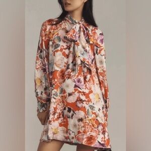 Maeve Floral Long Sleeve Tie-Neck Dress in Orange and Pink